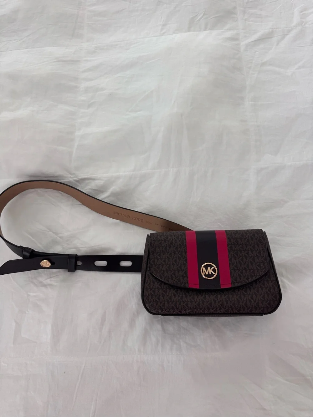 Michael Kors Brown Crossbody Belt Bag with Red and Black Stripe
